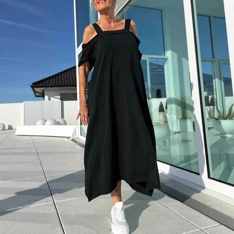 Sommer schulterfrei, einfarbig, lässig, lockeres Maxikleid, 2025, Blumenmuster, kurzärmelig, A-Linie, Pulloverkleid, Streetwear, Strandkleider