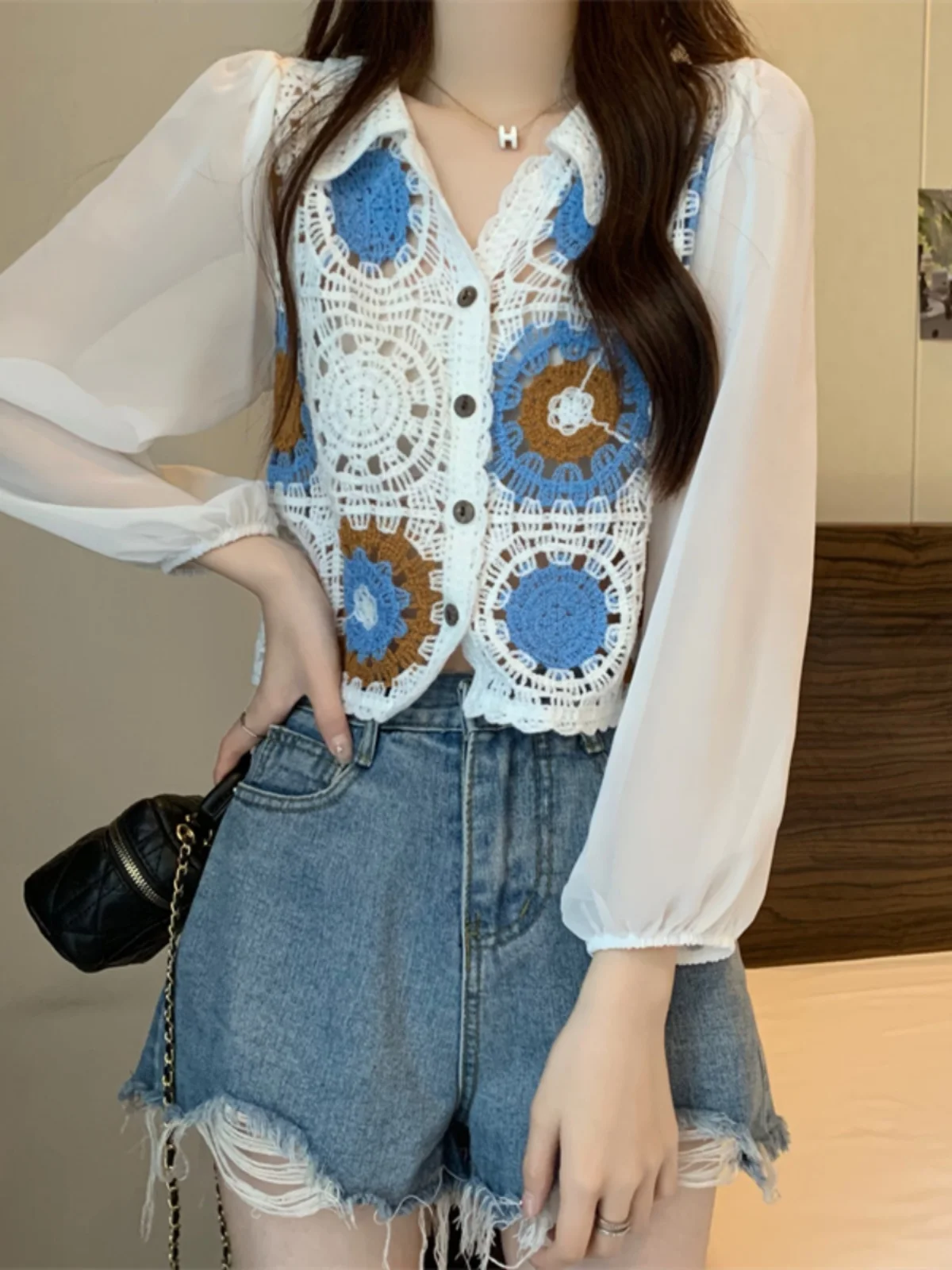 

Ele ort Svel Женский открытый кардиган из длинного шифона в стиле пэчворк с вышивкой и вышивкой, джентльменский топ