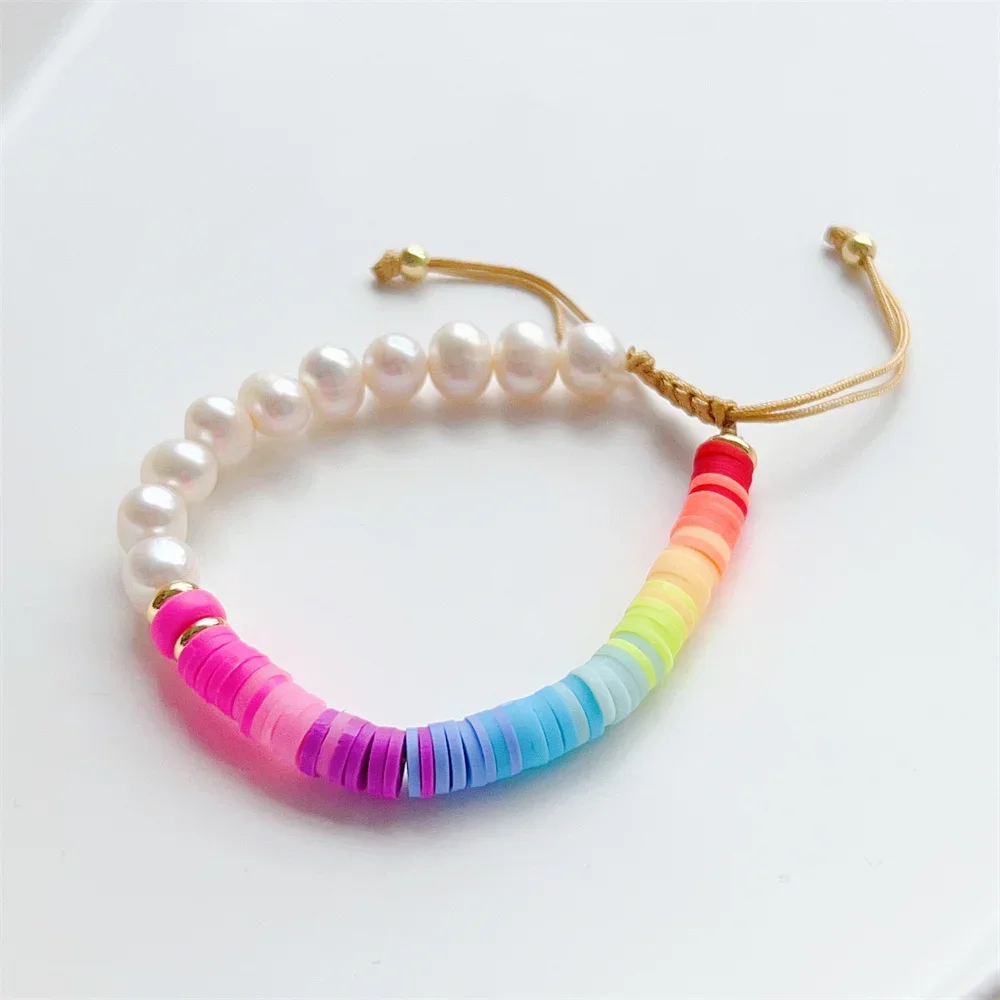KKBEAD-Natural Pearl Bracelets for Women, Colorful Heishi Disc Bracelet, Boho Jewelry, Girl Gift, Summer, Y2k