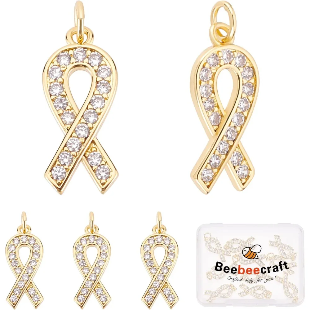 

1 Box 10Pcs Ribbon Awareness Charms 18K Gold Plated Breast Cancer Hope Charm Pendants with Cubic Zirconia and Jump Rings Earring