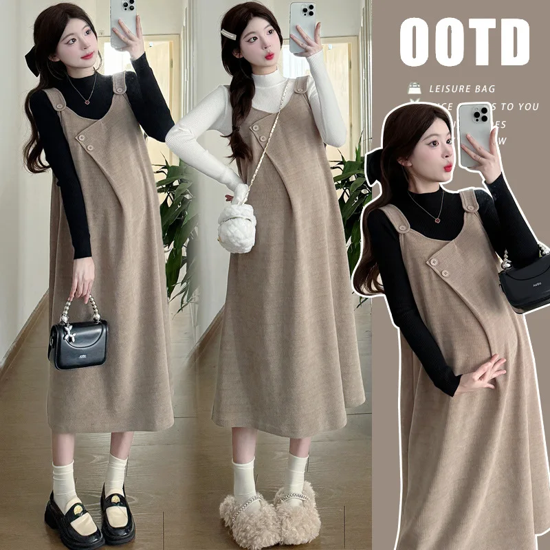 

Korean Style Maternity Dress Autumn New Thickened Warm Chenille Vest Dress Full Set Fashionable Outerwear for Pregnant Women