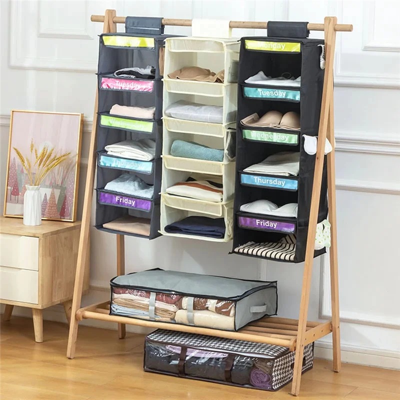 SEWS-5-Shelf Weekly Clothes Organizer With 5 Side Pockets Hanging Closet Organizer With Labeled Days Hanging Storage Shelves