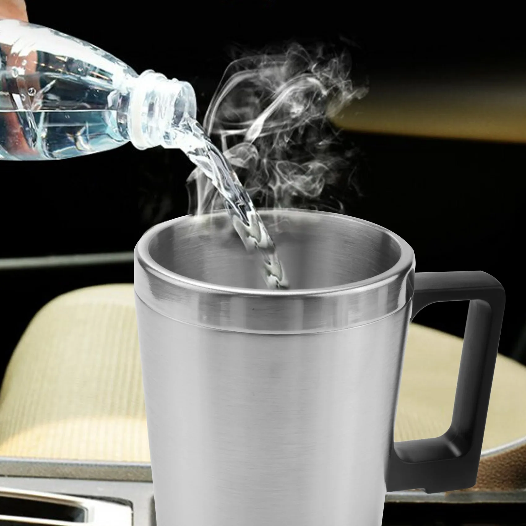 Car Heating Kettle, Simple 12V 300Ml Portable in Car Coffee Maker Tea Pot Vehicle Heating Cup Lid Outdoor Water Bottle Electric