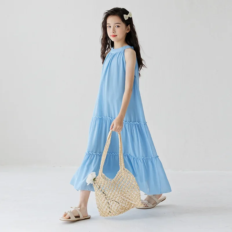 Girls Summer Beach Dress 2024 New Fashion Blue Sleeveless Sling Long Princess Dress Holiday Party Dress Teenage Kids Clothes