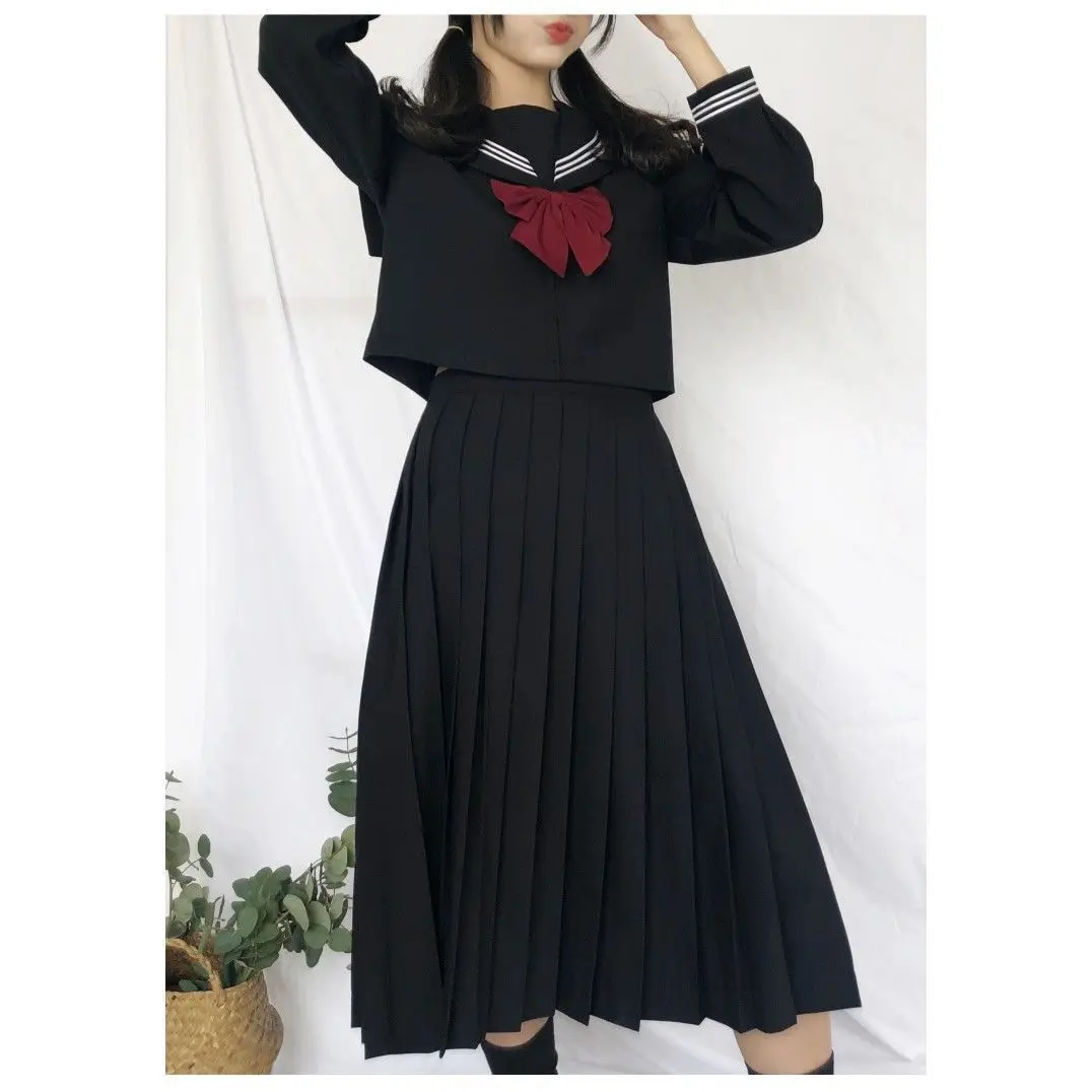 plus Size Women's Long Sleeve Sailor Uniform Shirt Cover up Black Three Books JK School Uniform Skirt Basic Style for Plump MM