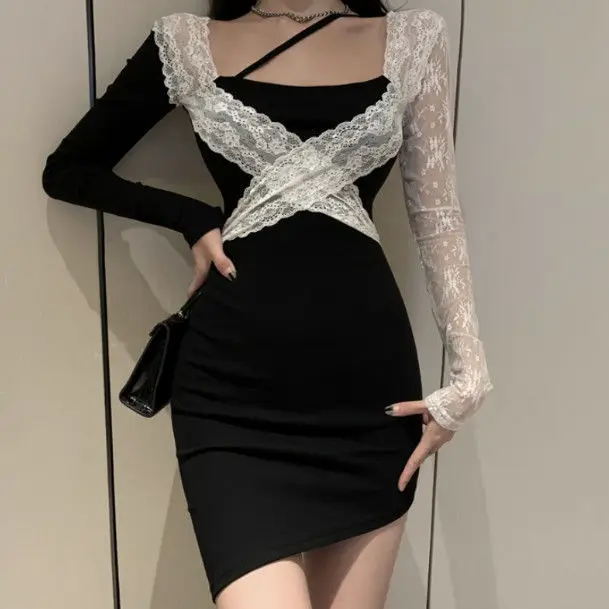 Lace Splicing Skirt Women's Slim Fit Skirt Hepburn Style Dress