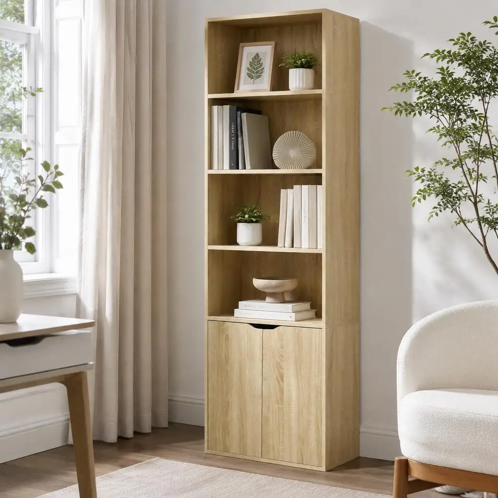 Bibliothèque à livres avec compartiments ouverts et portes pour le salon et le bureau, XX cm, bois naturel