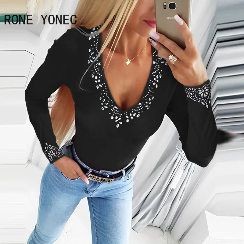 Women Chic Basics Rhinestone Decoration V Neck Long Sleeves Basics Blouse Knitting Tops