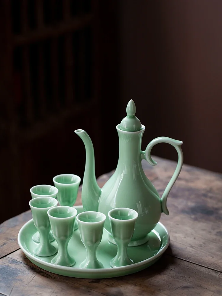 Chinese ceramic wine jug antique household half a catty wine set wine dispenser old-fashioned one-bite glass spirit Baijiu cup