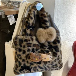 Sanrio Hello Kitty Y2K Cartoon Hairy Leopard Print Handbag Winter Bag Large Capacity Storage Creative Wallet A Gift for Girls