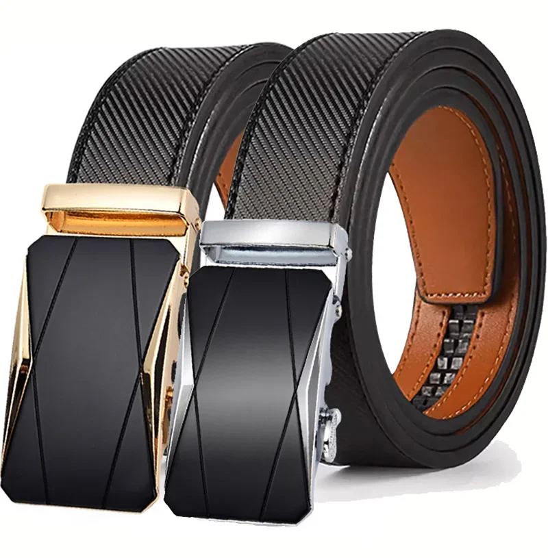 Male Leather Waist Strap Formal Luxury Brands Genuine Leather Automatic Buckle Ratchet Belt for Men Carbon Fiber Pattern Belts