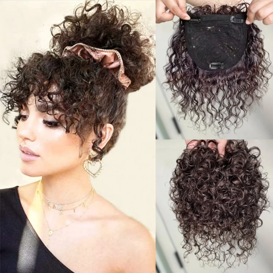 

13x14 см вьющийся топпер из человеческих волос с челкой, бесшовный пушистый короткий вьющийся зажим в топпер для женщин с истонченными волосами