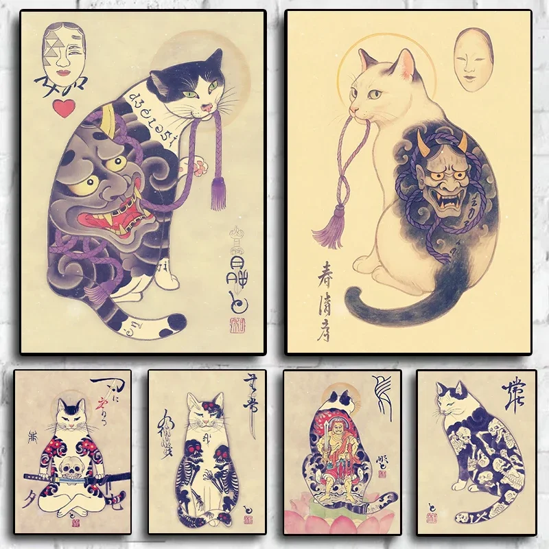 1pc frameless Canvas Painting Vintage Japanese Irezumi Cat Oni Demon Canvas Poster Neutral Abstract Animals Canvas Wall Art for