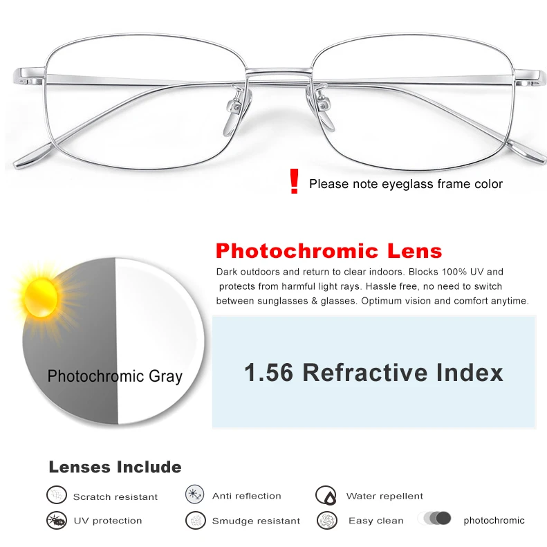 

Men Glasses Titanium Optical Photochromic Prescription Glasses Myopia Hyperopia Reading Eyewear Ultralight Glasses Silver Gold