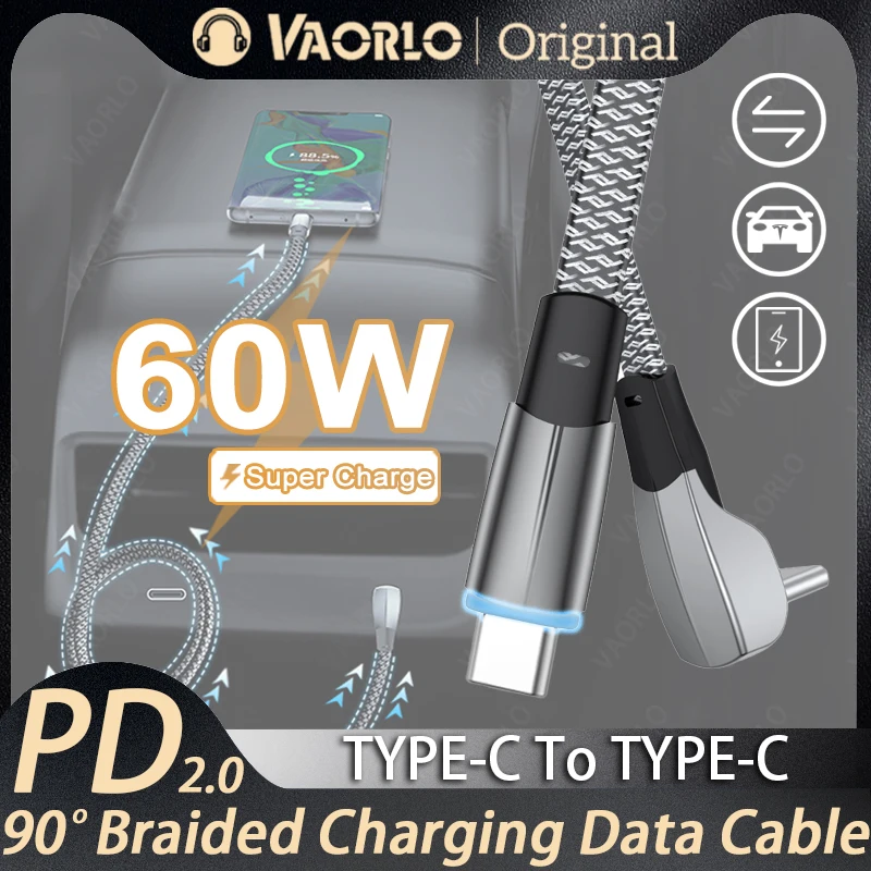 PD 60W Cavo di Ricarica Veloce Tipo C A Tipo C 90 Gradi USB C Car Charger Wire Con Trasferimento Dati Per Tesla Samsung Xiaomi Huawei