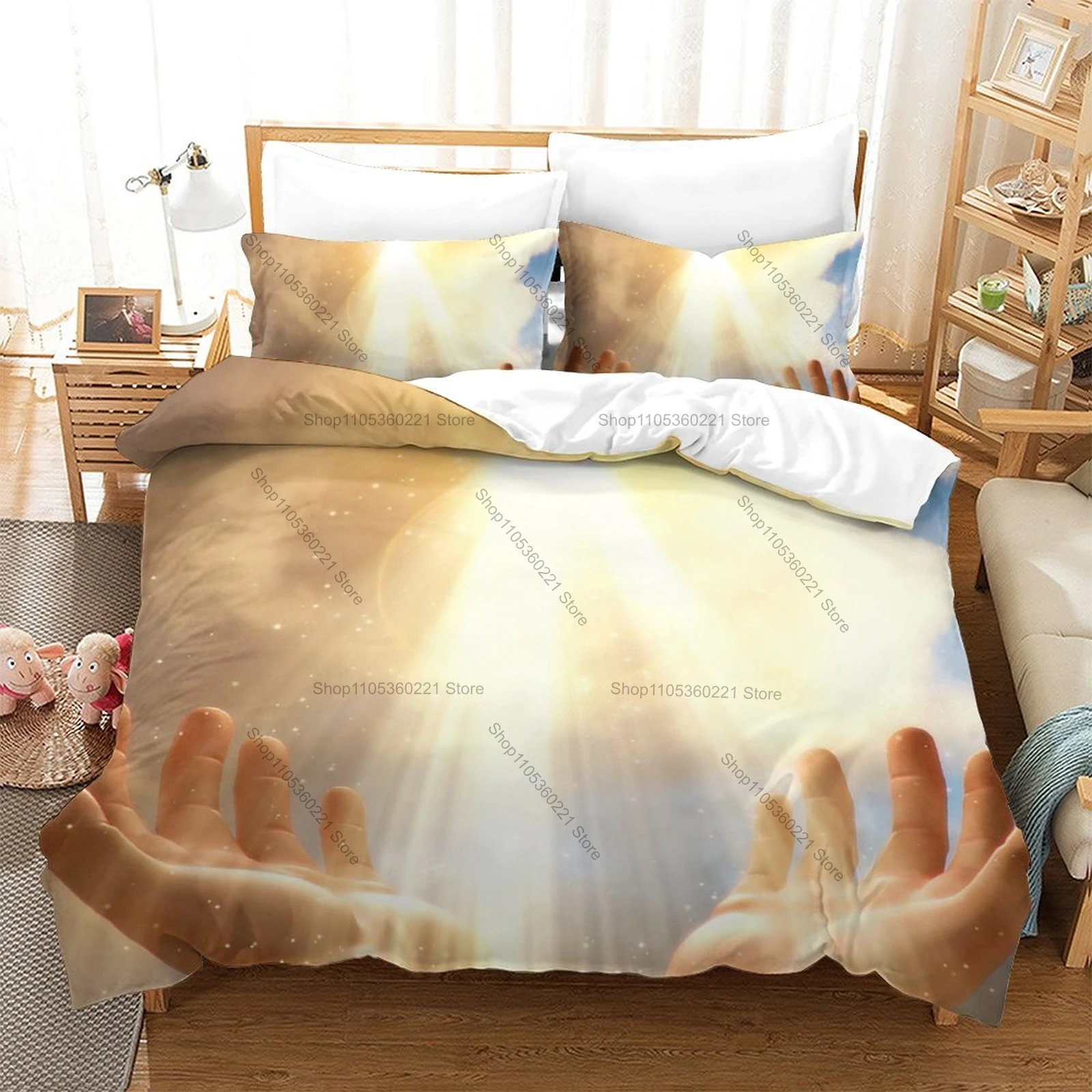 Icon Holy Cross & Dove Graphic Jesus Bedroom Decor Bedding Duvet Cover + 2 Pillowcases All Season Use