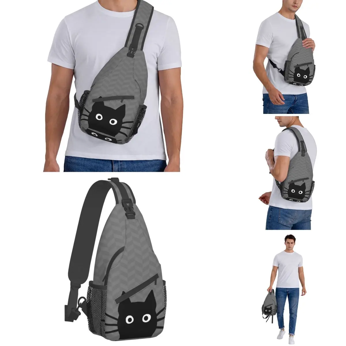 Zwarte Kat Gezicht Crossbody Sling Tassen Voor Mannen Vrouwen Borst Tas Schouder Rugzak Dagrugzak Voor Reizen Wandelen Camping Satchel