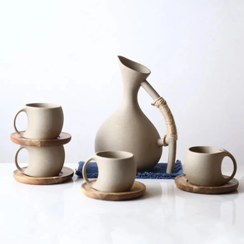 

Pottery Cold Kettle Jug, Ceramic Water Bottle, Water Cup Set, Drinkware, Coffee Cup, Wooden Saucer, Afternoon Tea Bottle Set