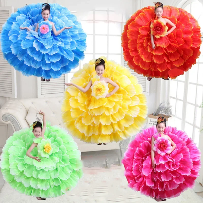 

360/540/720 Degree Girl Flamenco Dance Dress Kids Flower Petal Dress Spanish Gypsy Large Swing Skirt Stage Performance Costume