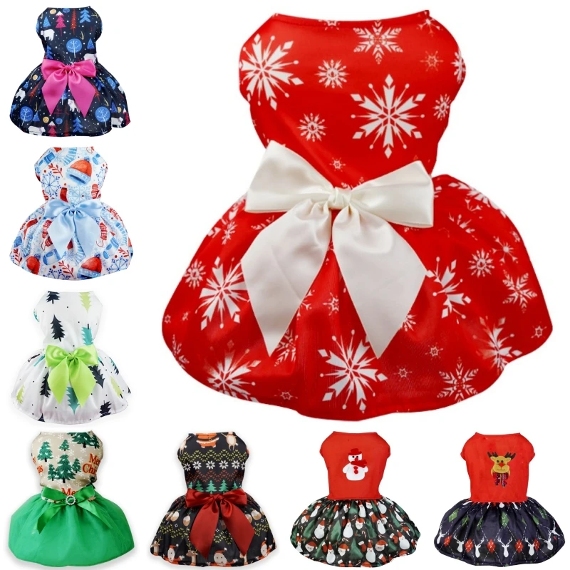 Christmas Dog Dress Pet Dog Clothes Fashion Puppy Princess Skirt Cute Bow Cat Wedding Dress Print Pet Outifts Chihuahua Clothes