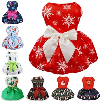 Robe de Noël pour animaux de compagnie, vêtements pour chiens, jupe de princesse pour chiot, nœud mignon, robe de mariée pour chat, tenues imprimées pour animaux de compagnie, vêtements Chihuahua, mode