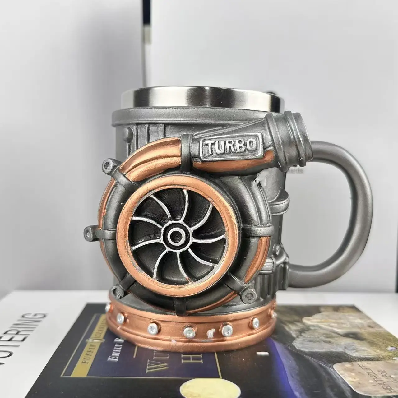 3D Turbocharger Shape Mug, BorgWarner Style Coffee Cup, Creative Car Engine Mug for Car Lovers, Stainless Steel/Resin Tea Mug, U