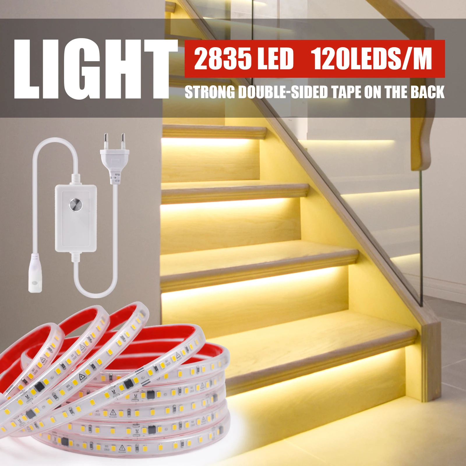 Parlaklığı azaltılabilir LED şerit ışık 230V 2835 120LEDs/M bant yapışkan diyot halat lamba 10CM kesilebilir su geçirmez soğuk doğal sıcak beyaz