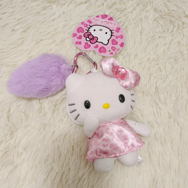 Hello Kitty Fashion Print Plush Keychain Kitty Leopard Pattern Furry Tail Heart Buckle Plush Doll Pendant Cute Bag Accessories