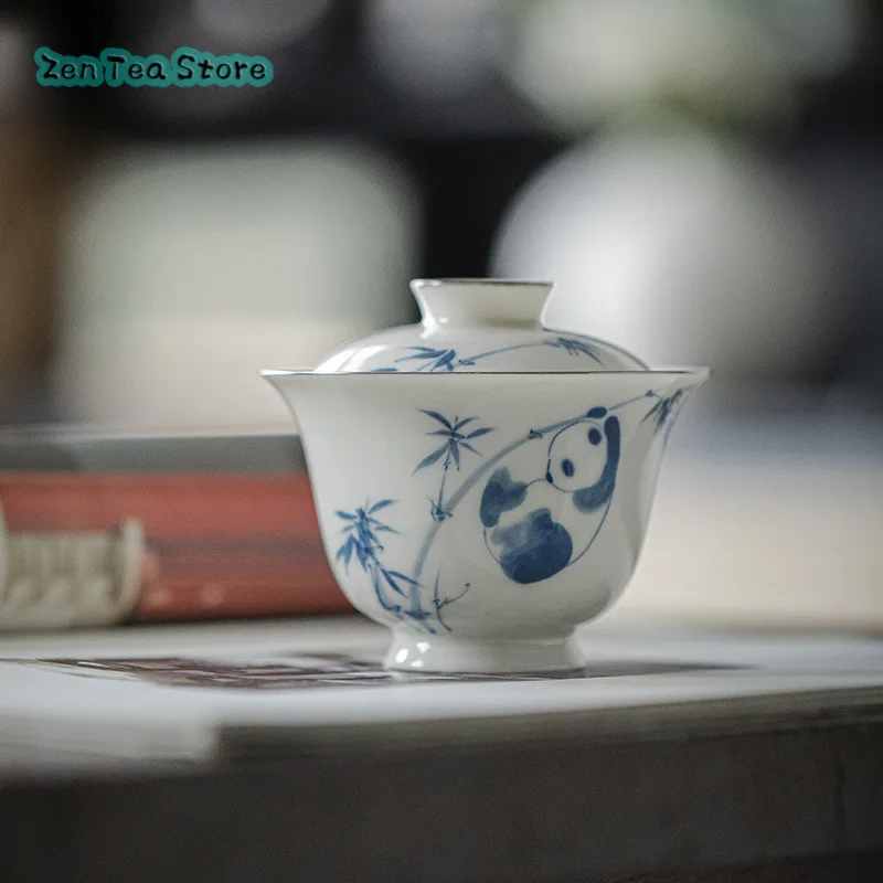 

Literati Hand-painted Blue And White Covered Bowl High Foot Home Tea Bowl Under Glaze Color Kung Fu Tea Set Panda Play Bamboo