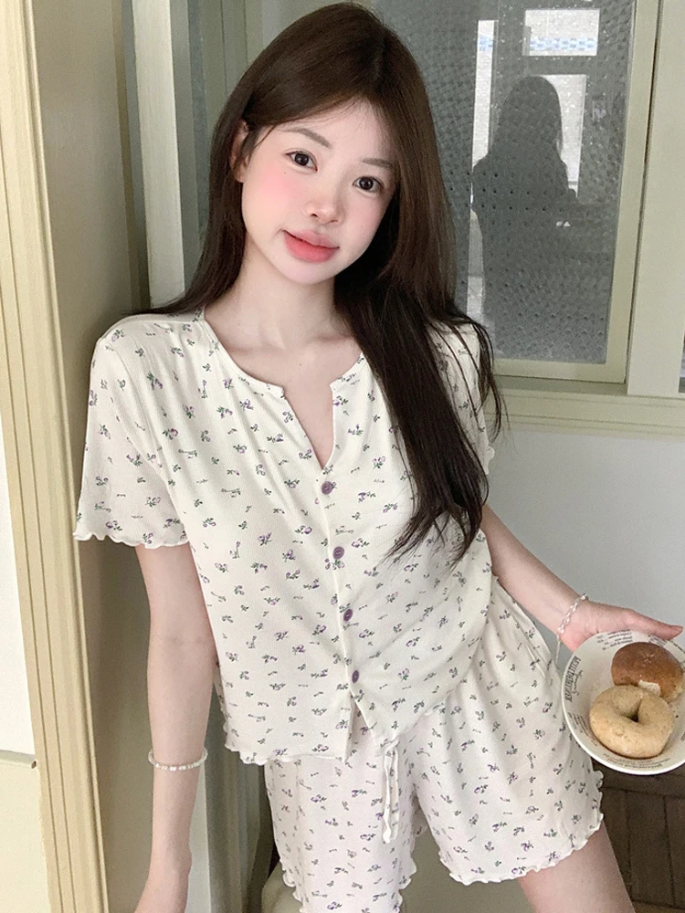 

Floral Print Women's Spwear ort Sve Pure Cotton Modal Home Clothes Two-Piece Set Thin Summer Comfortable Nightgown
