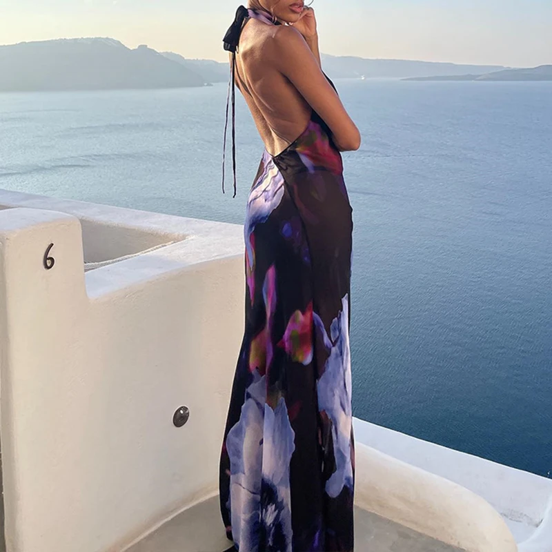 

Летнее винтажное платье с высокой талией, облегающее, для вечеринок, сексуальное, с открытой спиной, с вырезами, для отпуска, женское, с завязками на шее, с принтом, длинное