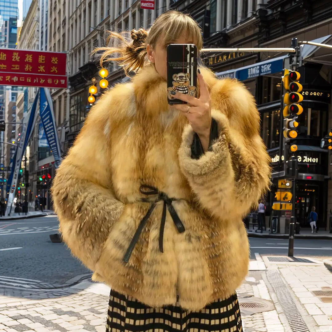 Bayan Gerçek Kırmızı Tilki Kürk Orta Uzunlukta Ceket Kış Lüks Hakiki Kürk Kalın Yıpratır Kadın Zarif Sıcak Doğal Tilki Kürk Palto