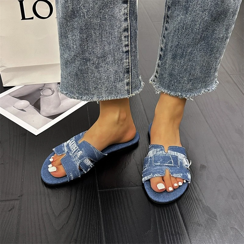 Summer Women\'s New Denim Sandals Personality European and American Style Large Size 43 Designer Exclusive Design Slippers Women