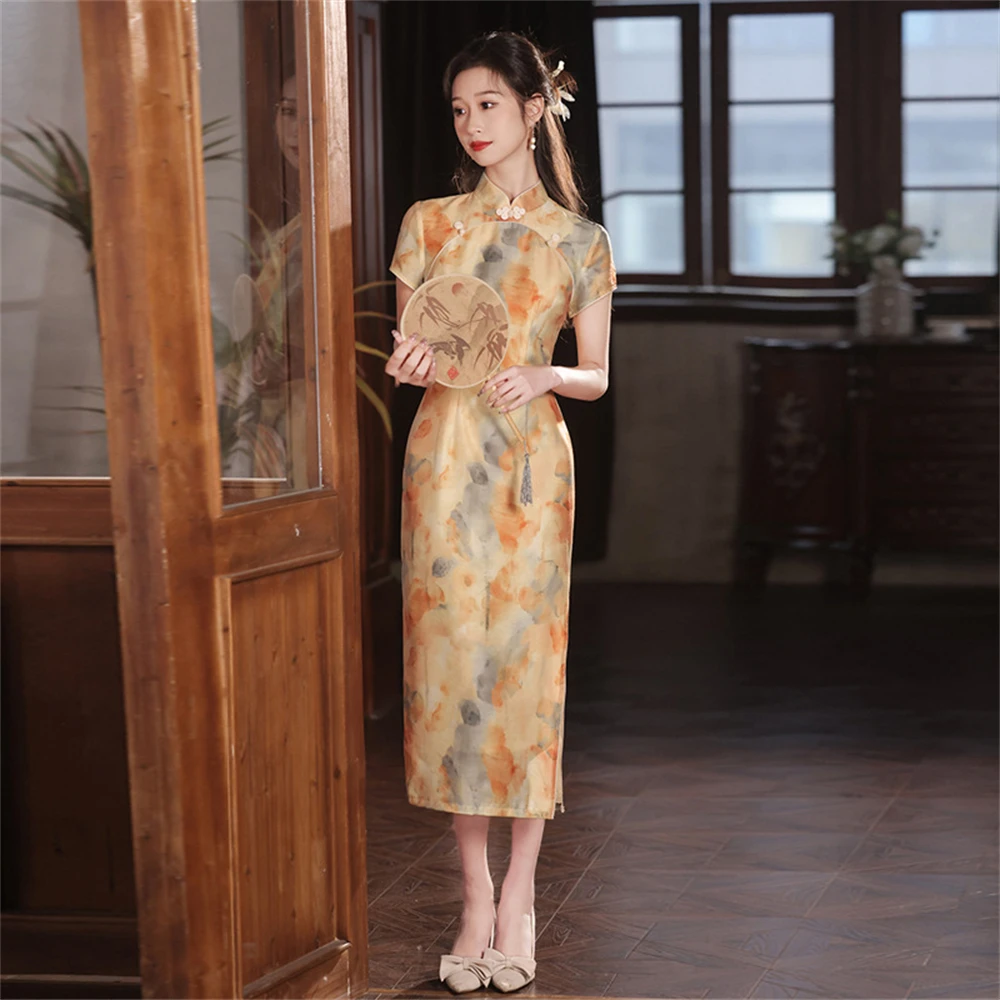 Gaun Cheongsam kuning wanita, kelas atas bercetak Qipao anak perempuan muda ditingkatkan temperamen Retro Republik Cina Chinoise baru musim panas