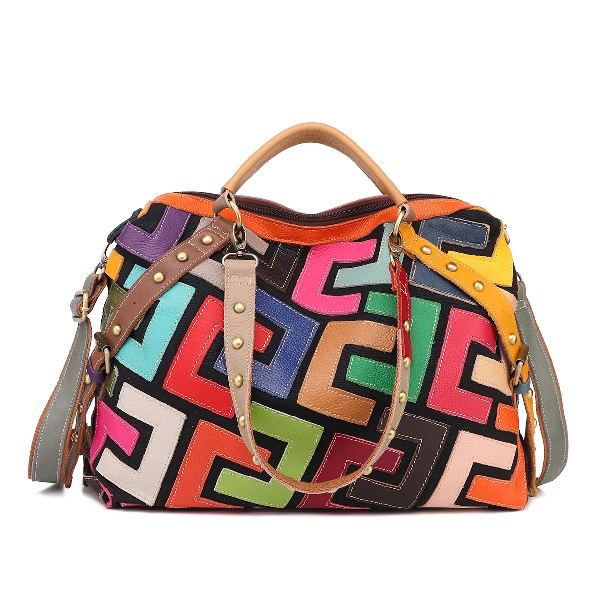 Leather geometric pattern multi-color color patchwork bag riveted handbag shoulder crossbody bag for women