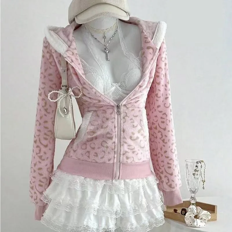 

Cute Pink Leopard Pint Hooded Y2k Clothes Aesthetic 2000s Vintage Kpop Women's Sweatshirts Gothic Street Hottie Tops Zip-up Coat