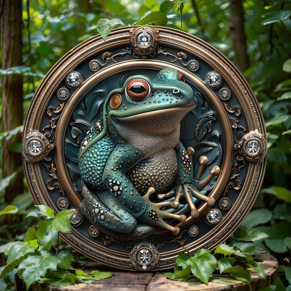 Frog Themed Metal Wall Art Decor,  Round Aluminum Flat Sign, Art Deco Style, No Electricity Needed, Home Office Decoration