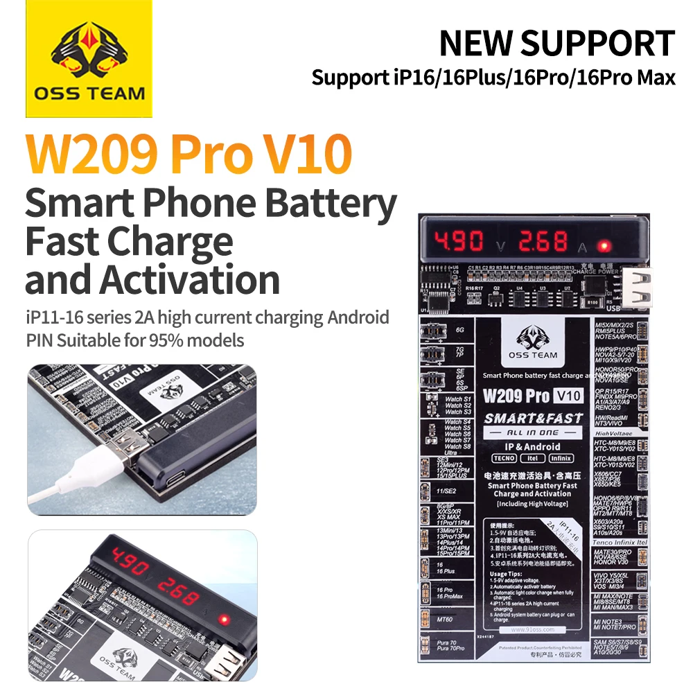 OSS W209 Pro V10 Battery Activation Test Board for IPhone 11-16 Series Android Battery Fast Charging One-Click Activation Tool