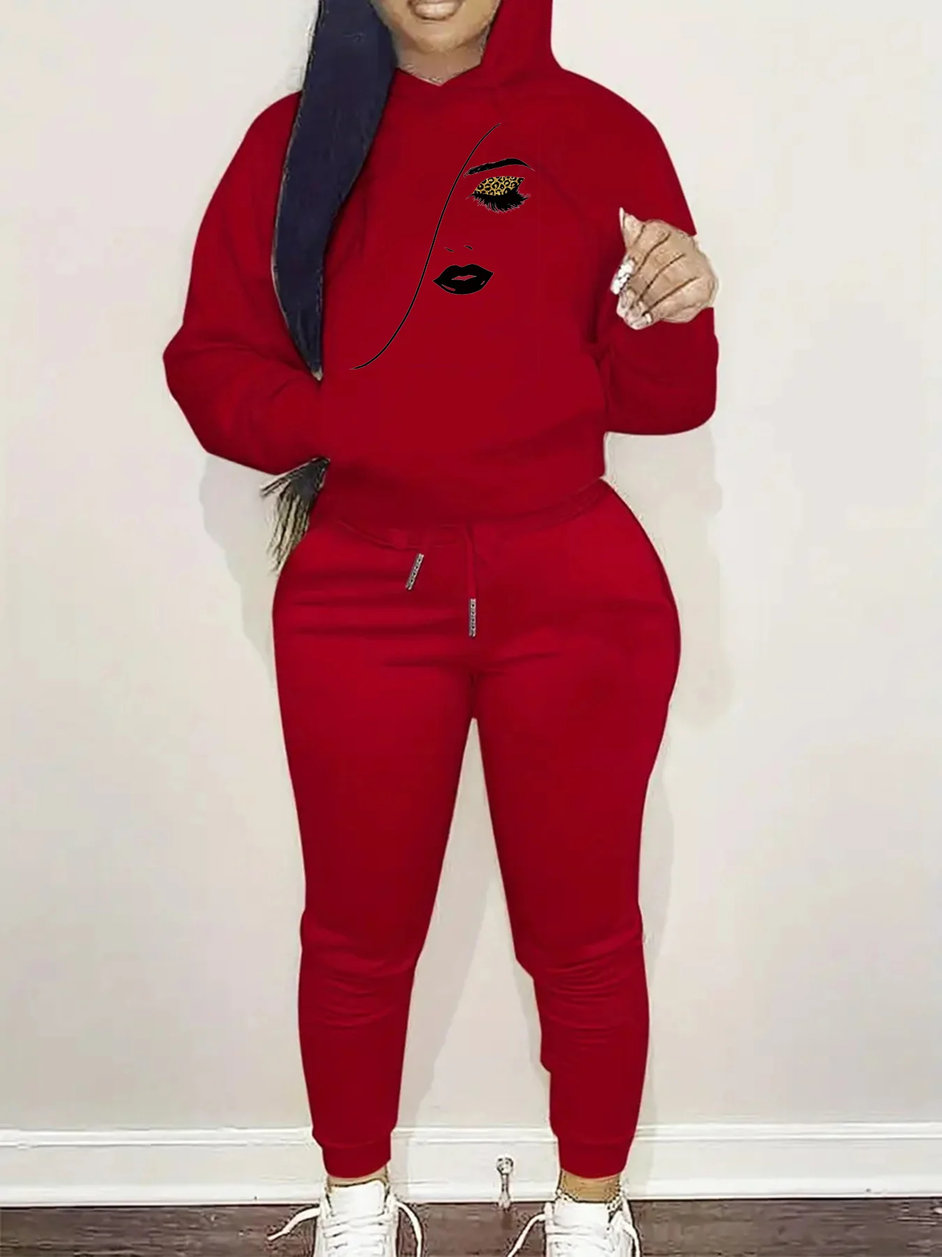 Conjunto de sudadera con capucha gruesa y cálida con estampado de ojos y pestañas informales a la moda para otoño e invierno para mujer + conjunto de pantalones deportivos