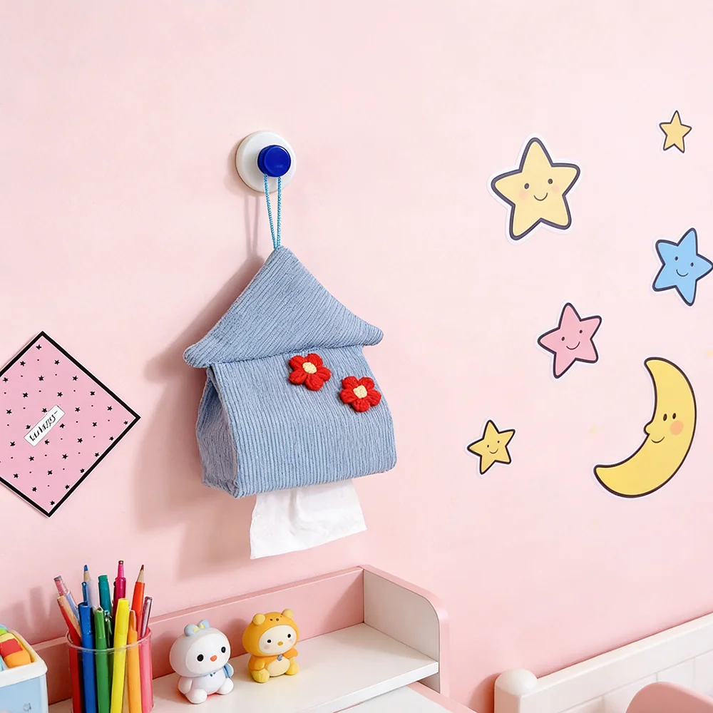 Wall Hanging Tissue Box Holder Cute House Shape Cloth Napkin Dispenser Cartoon Tissue Paper Storage Bag for Car Home Bathroom