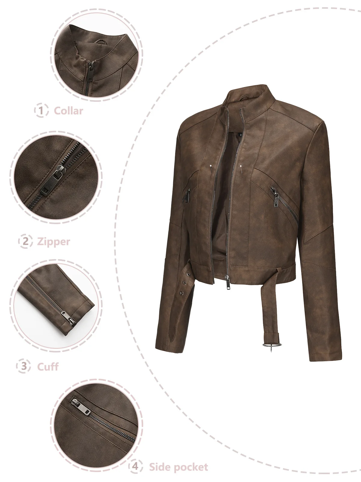 Motorcycle Style Leather Jacket for Women, Belt and Zipper, Short Style, Sexy Outdoor Jacket, Spring and Autumn, 24 New