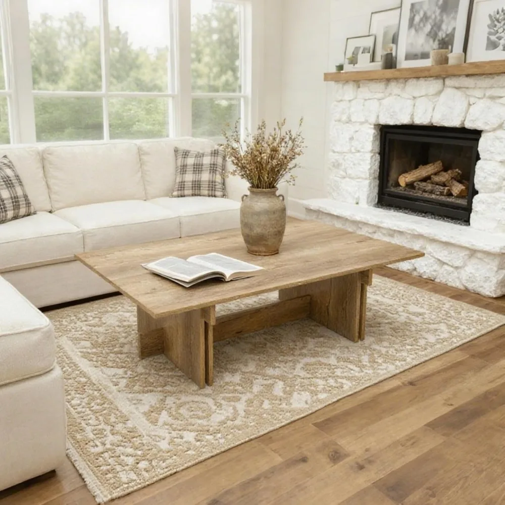 Mesa de centro moderna de 47 polegadas, grande mesa central retangular de madeira com base cruzada na sala de estar