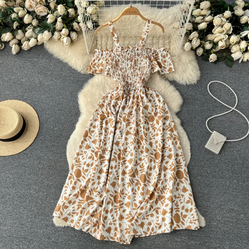 boho vintage donna estate sexy spalle scoperte stampa floreale abito lungo cinturino per spaghetti vacanza al mare 2025 eleganti abiti tunica
