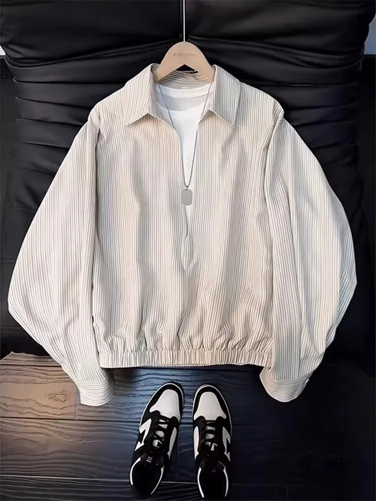 

Khaki Long Sve V-Ne Striped irt Men's Spring Casual Sle Waist-Cinching Outerwear Fake Two-Piece Loose Fit Polyester ...