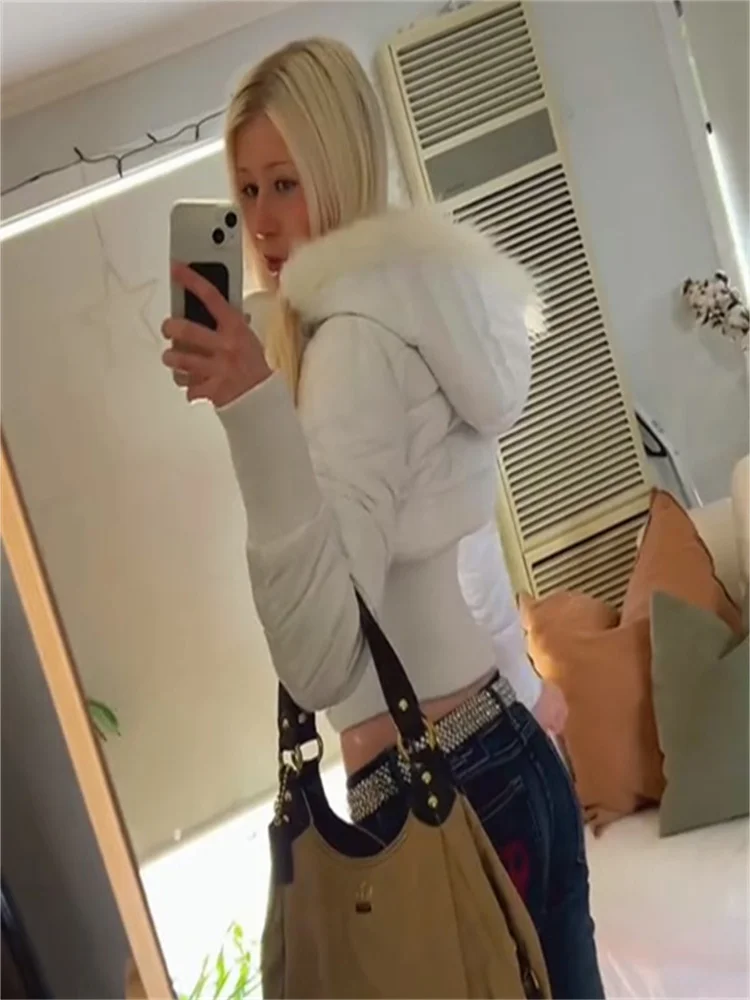 Women Y2K Pink Cropped Puffer Jacket Big Faux Fur Hooded Coat Winter Slim Waist Warm Outerwear 2000s Spicy Girl Black Blue White