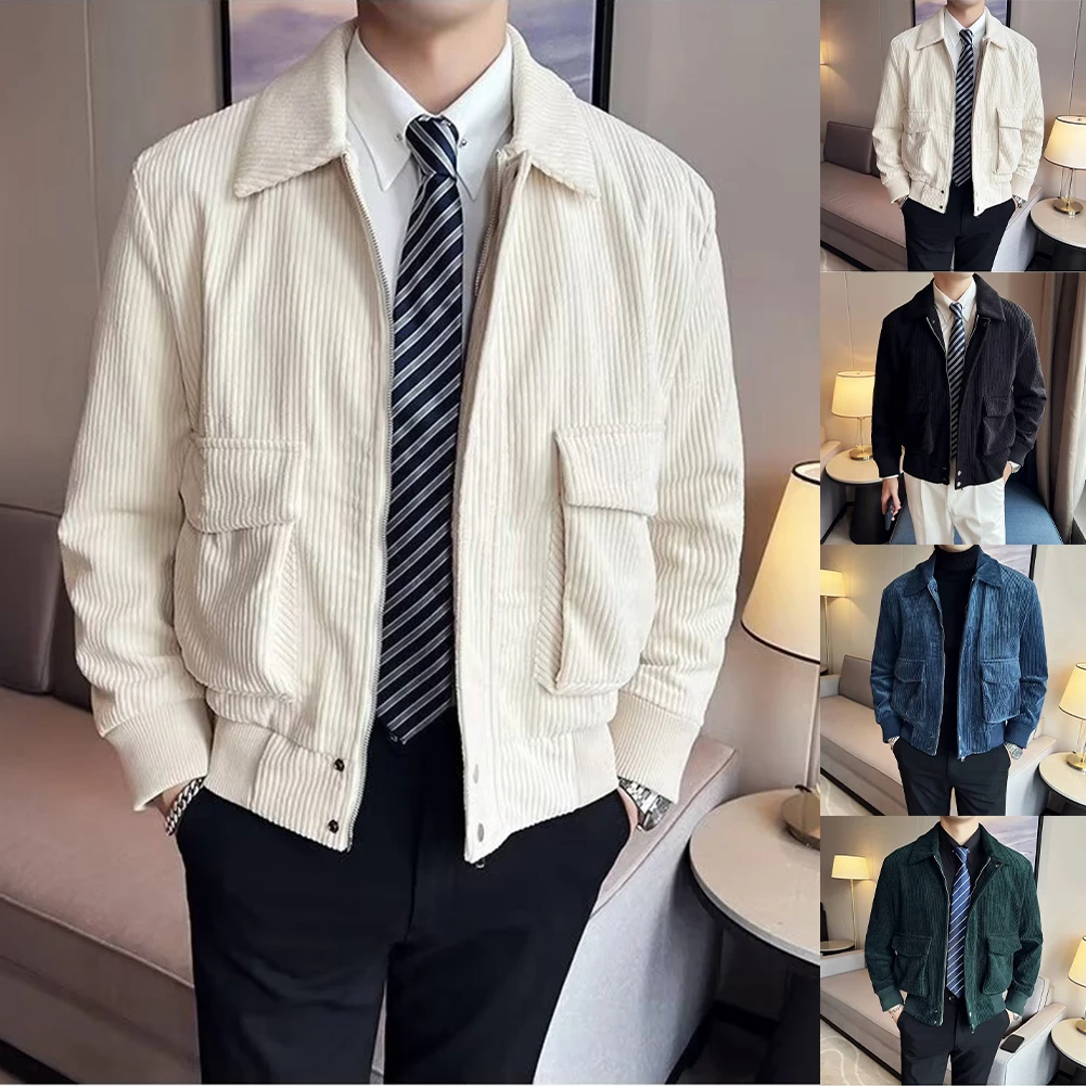 

Men's Corduroy Lapel Jacket Casual Loose Fit Full Zipper Coat Workwear Outerwear Cardigan for Spring and Autumn Daily Use