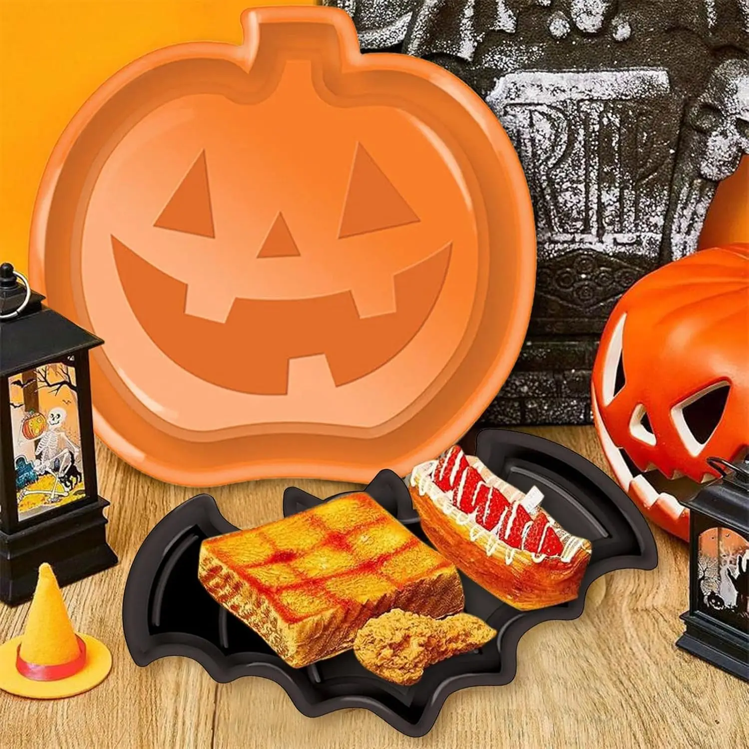 Reusable Halloween Plates Set Pumpkin Ghost Bat Serving Trays Food Grade Plastic for Snack Candy Dessert Party view 4