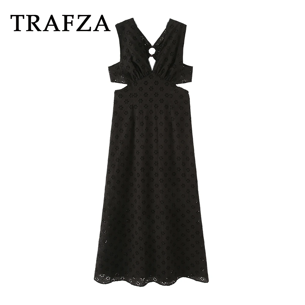 

TRAFZA Chic Sexy Black Backless V-Neck Hollow out Pleated Sheath Woman Dresses Fashion 2025 Holiday Beach Party Tank Vestidos