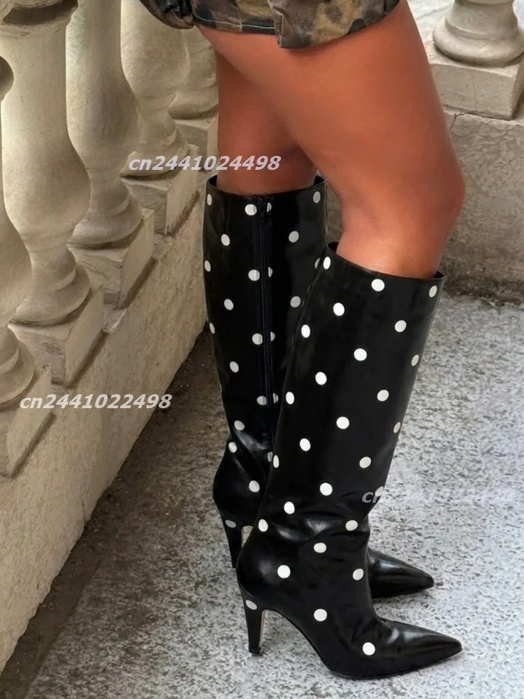 Women Pointed Toe White Polka Dot Print Knee High Boots Glossy Upper, Slim Stiletto Heel Side Zipper, Loose Wide Shaft Shoes