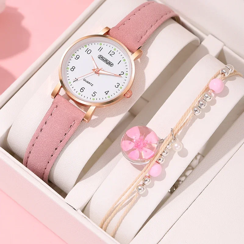 2PCS Women Pink Watches Bracelet Set Girls Gift Fashion Leather Quartz Watch Student with Bracelet for Womens Reloj Mujer